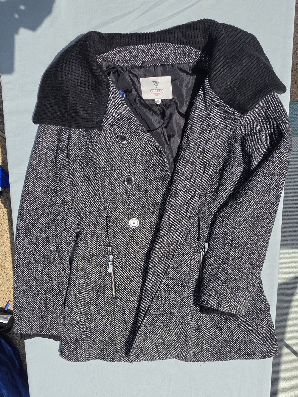 GUESS Black & Gray Textured Tweed Pea Coat with Ribbed Collar